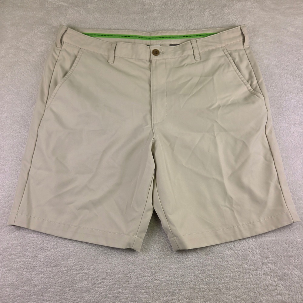IZOD Golf Mens 38 Tan Khaki Flat Front Performance Shorts 9 Inseam 3877